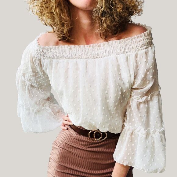 HL Affair NY Off Shoulder Swiss Dot White Blouse Size M/L MSRP‎ $188 - Picture 2 of 6